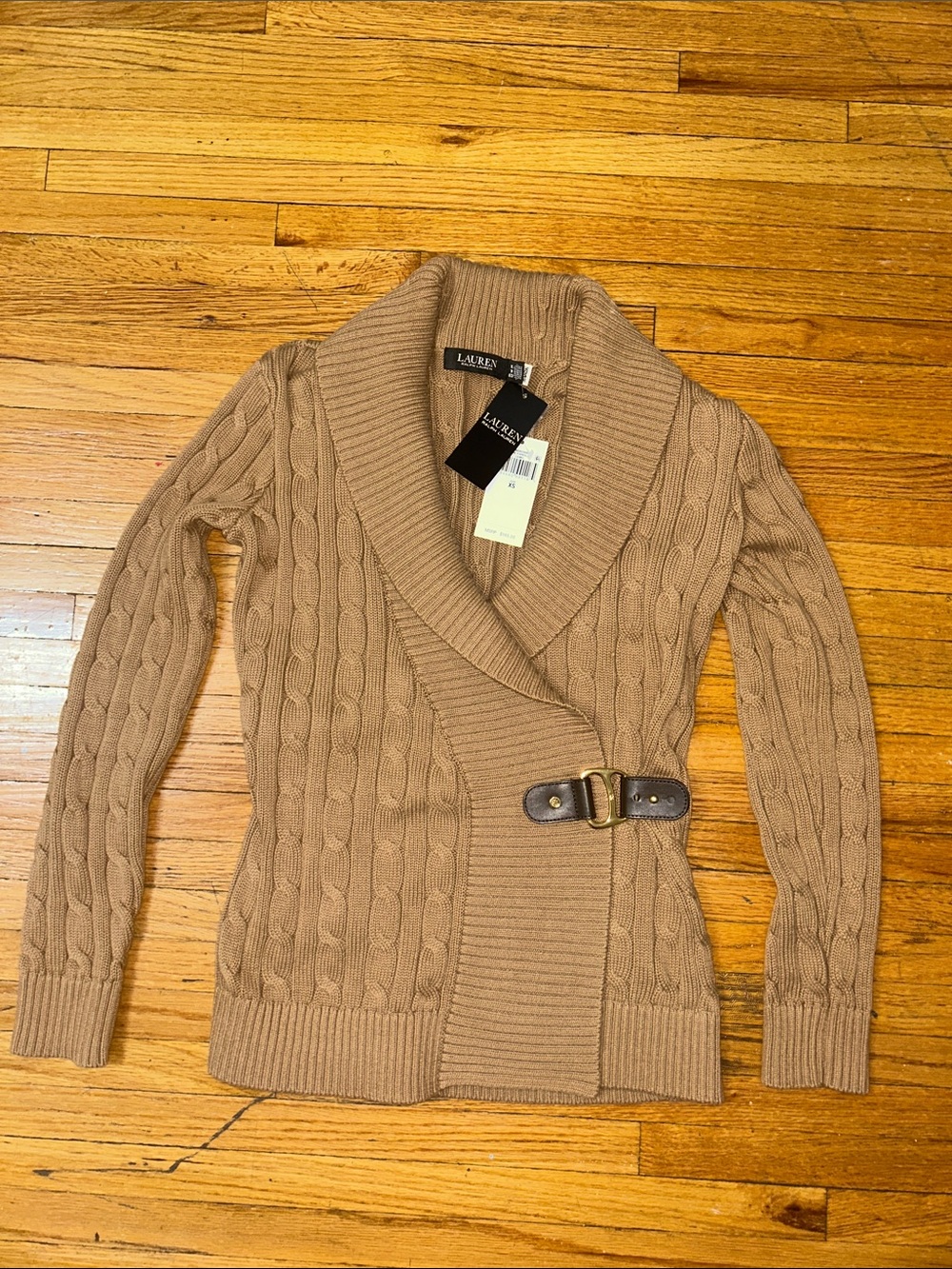 Lauren Ralph Lauren Camel-Tone Cable Knit Shawl Cardigan with Buckle